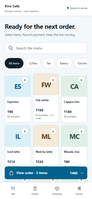 Kivo Android checkout with a searchable café menu and a current order